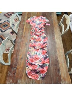 Ivy City Co Floral Mesh Ruched Midi Dress Large